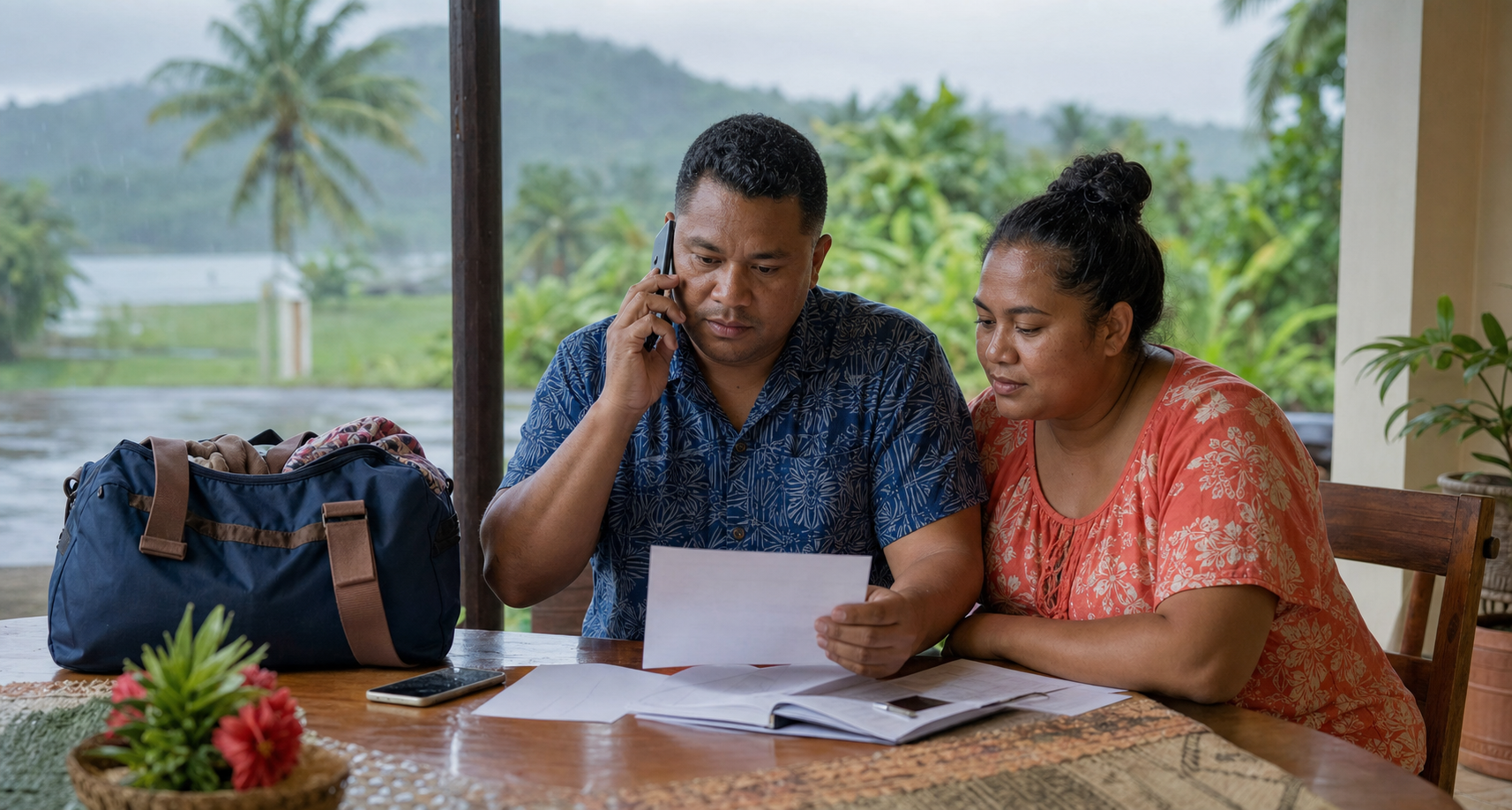 Family reviewing urgent expense documents after rainy weather