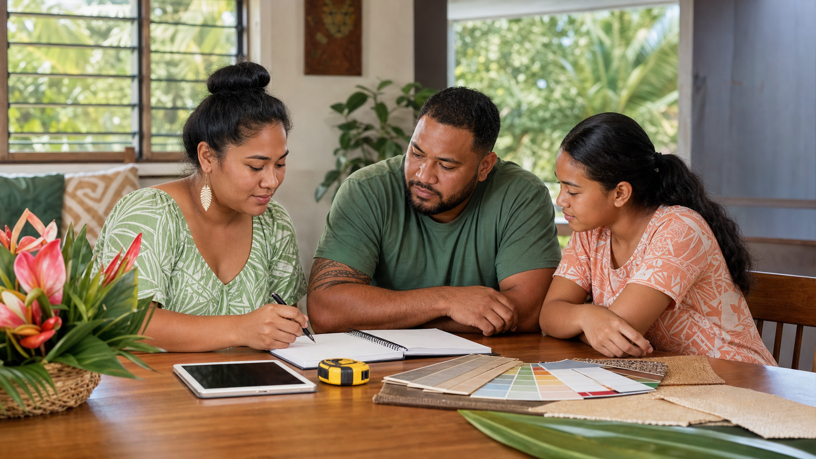 Family planning a larger household expense with a budget notebook